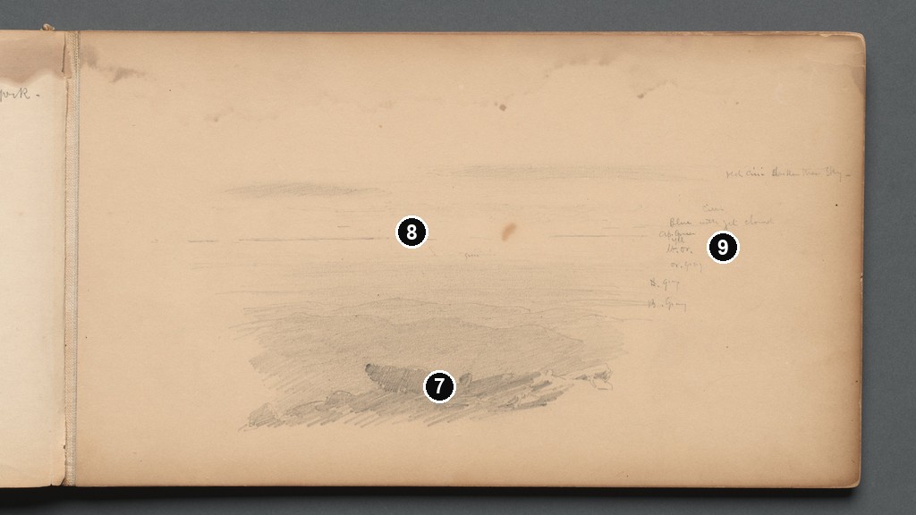 Annotated details from Seascape with Color Notations Sketchbook Page 04 by Sanford Robinson Gifford